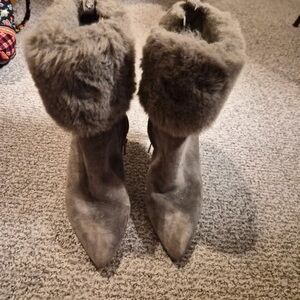 Sam Edelman Gray Faux-Fur Cuff Pointed-Toe Heeled Boots